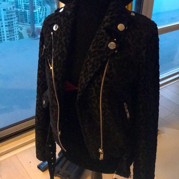 Velvet leopard print detailed moto jacket - Picture 1 of 5